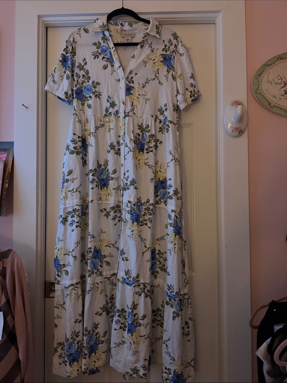 Laura Ashley vtg  White Maxi Dress with Blue and Yellow Floral Print MED
